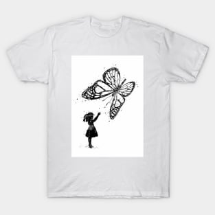 Girl and Butterfly Fantasy Black and White Artwork T-Shirt